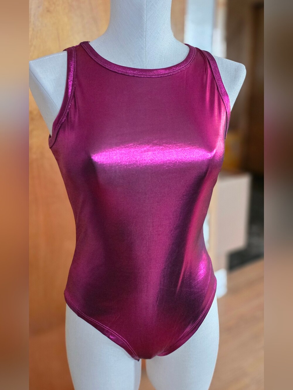 Vibrant Fuchsia Metallic Womens Bodysuit